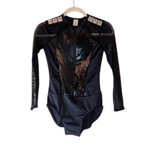 Weissman Black Mesh Rhinestone Embellished‎ Long Sleeve Leotard Dance Costume